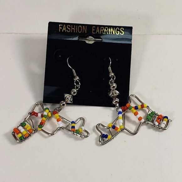 Handmade Colorful Beaded Silver tone Wire Drop Earrings Boho Festival Jewelry - Picture 3 of 8